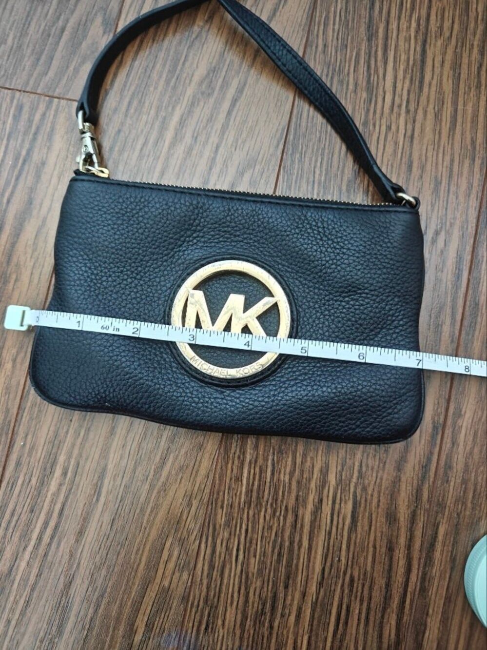 Michael Kors Black Leather Wristlet Gold MK Logo Zip Clutch 0779 - Picture 10 of 11